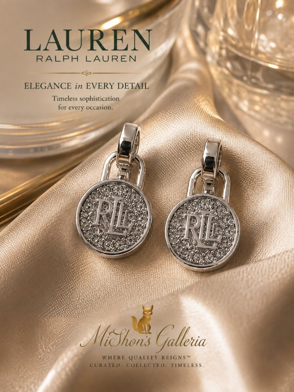 Lauren Ralph Lauren Crystal RL Logo Clip Earrings Silver Tone NWT